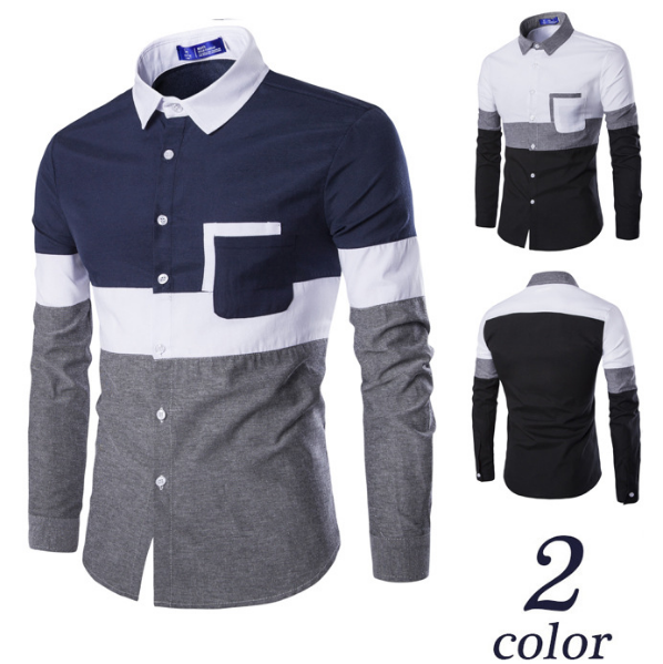 New Mens Fashion Stitching Color Camisa Slim Long Sleeve Shirts