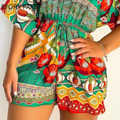 Women Casual v Neck All Over Print Sexy Half Sleeves Drawstring Romper