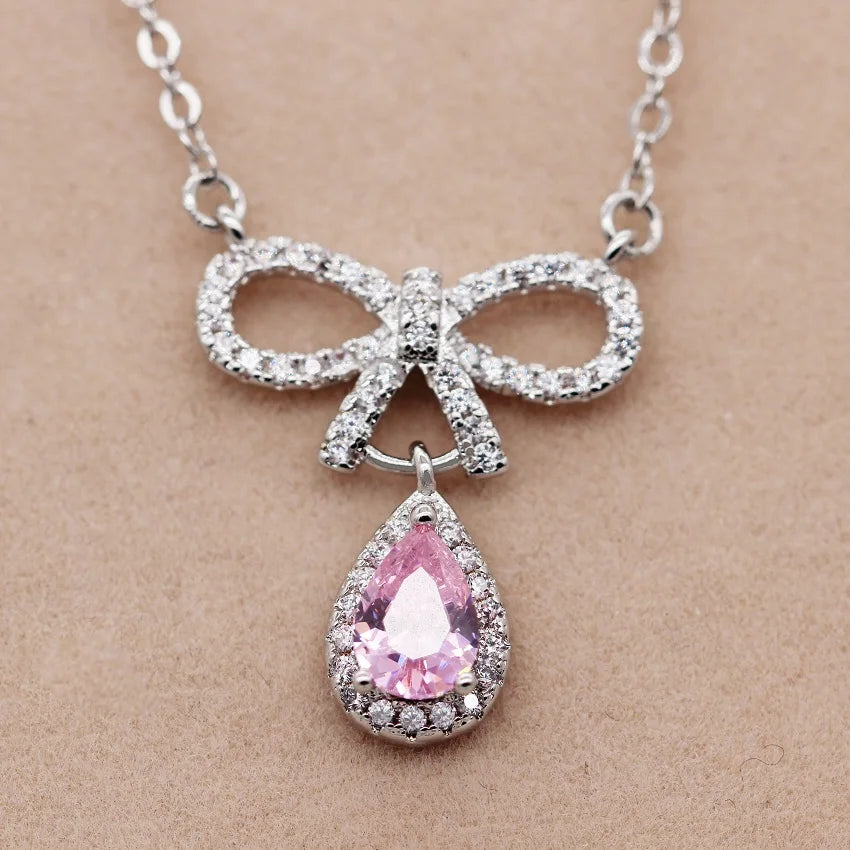 US Stock Bowknot Necklaces & Pendants Pink Crystal Water Drop Necklace