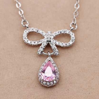 US Stock Bowknot Necklaces & Pendants Pink Crystal Water Drop Necklace