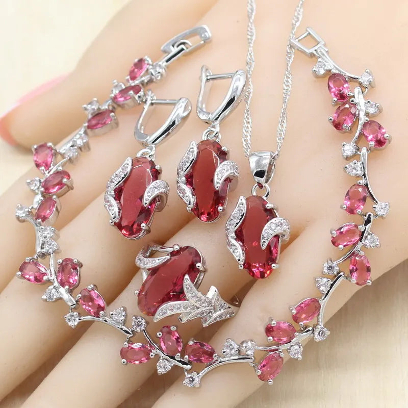 Silver Color Jewelry Sets for Women Red Stones Necklace Pendant Earrings Ring