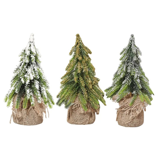 Desktop Miniature Snow Pine Tree Mini Christmas Trees With Burlap Base Table