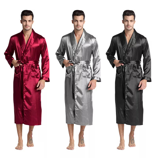 Tony&Candice Men's Silk Satin Bathrobe Robe Long Silk Pajamas Men Sleepwear