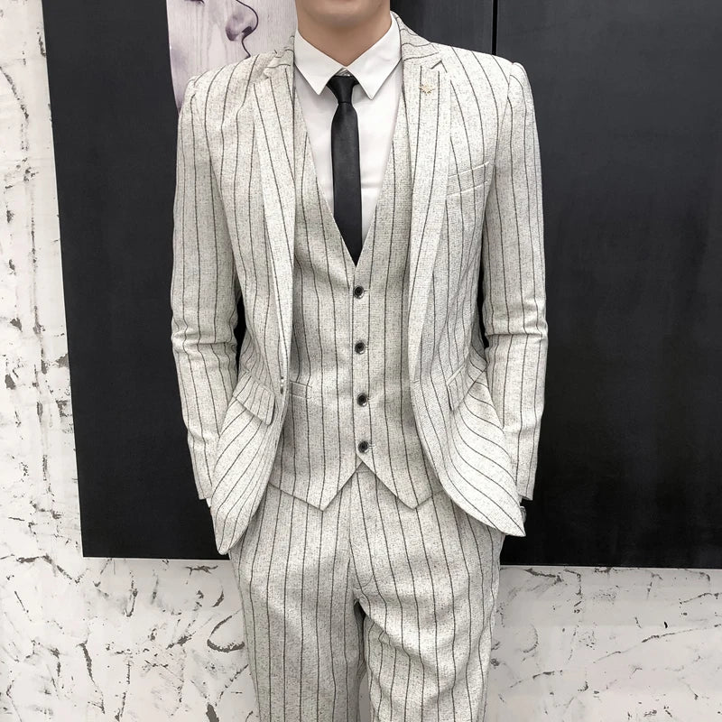 Striped Men's Suit Fashion Korean Slim Fit 3-Pieces Blazers+Pant