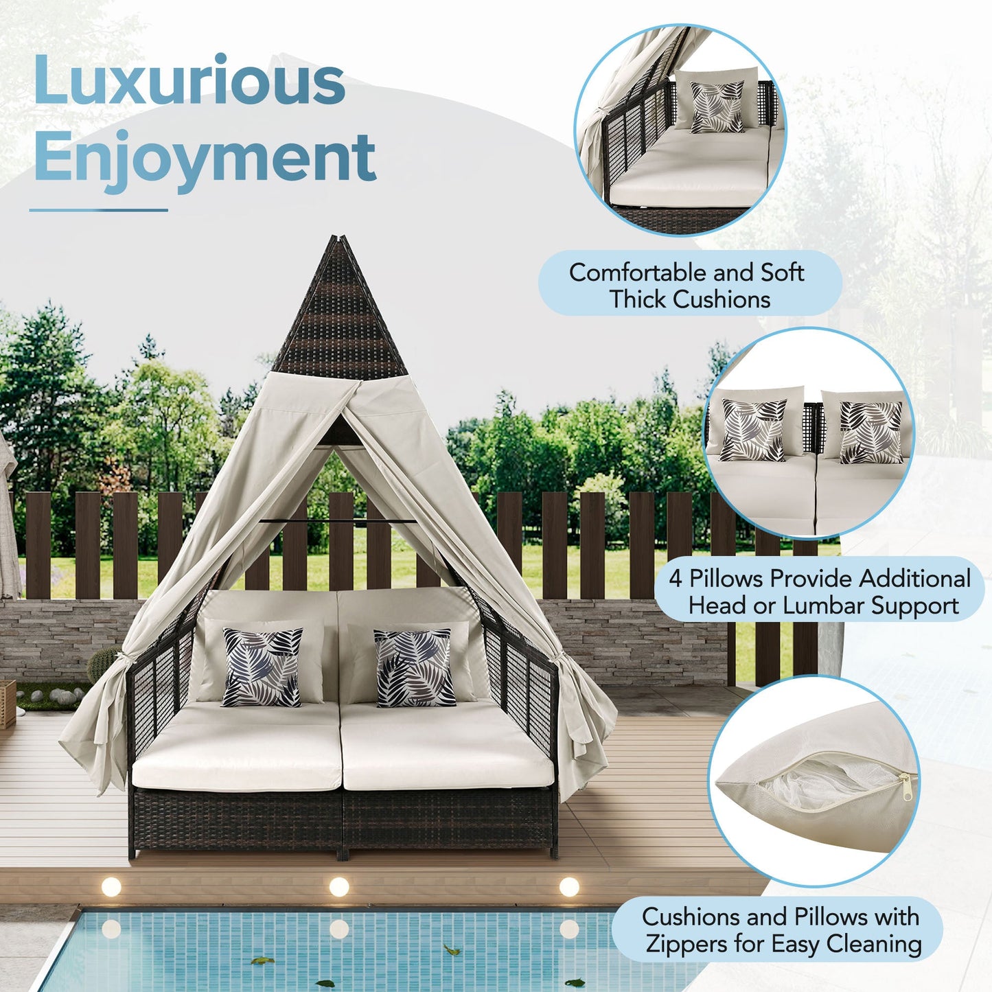 Outdoor Daybed Patio Lounge Bed With Adjustable Backrest Outdoor