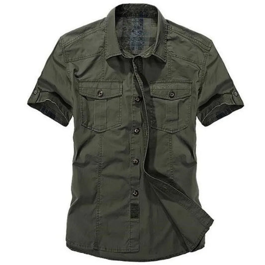 Men New Summer Men's Solid Military Short Sleeves Shirts Cotton Breathable