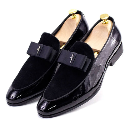 Handmade Mens Loafer Shoes Genuine Patent Leather Suede Patchwork With Bow