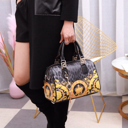 Famous Brand Top Quality Leather Leopard Print Boston Bags Women Genuine Leather