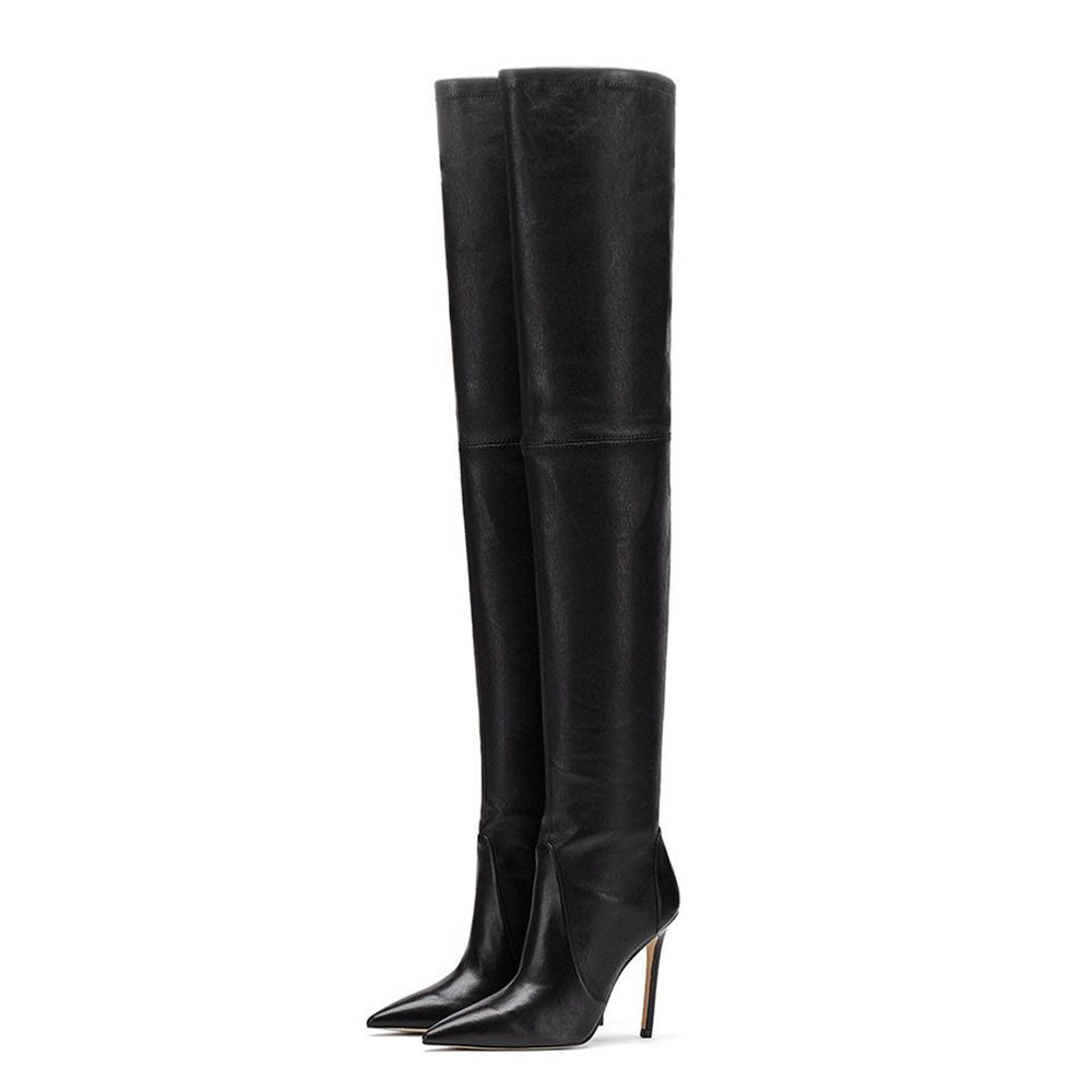 Long Boot Winter Shoes 2022 Black PU Pointed Toe Women High Heel Knee High Boots