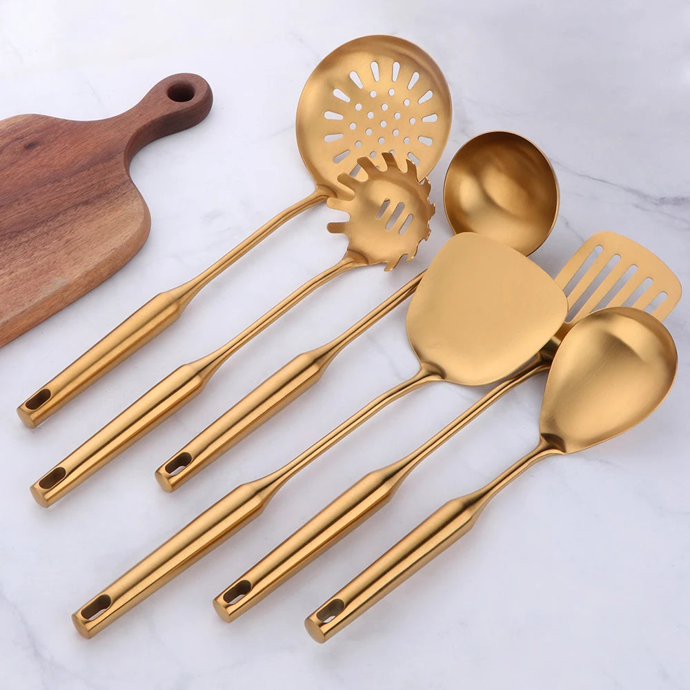 1-10pcs Stainless Steel CookwarLong Handle Set Gold Cooking Utensils Scoop Spoon