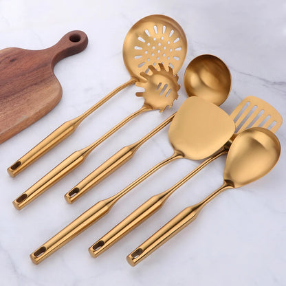 1-10pcs Stainless Steel CookwarLong Handle Set Gold Cooking Utensils Scoop Spoon