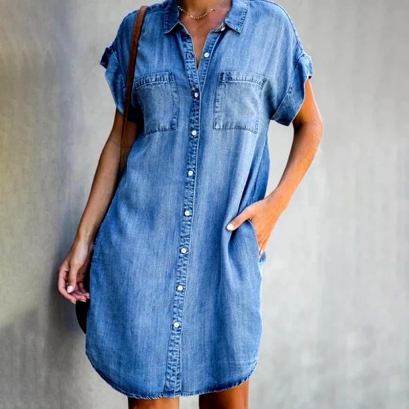 New Short Sleeved Slim Short Dress Women Washed Denim Dress