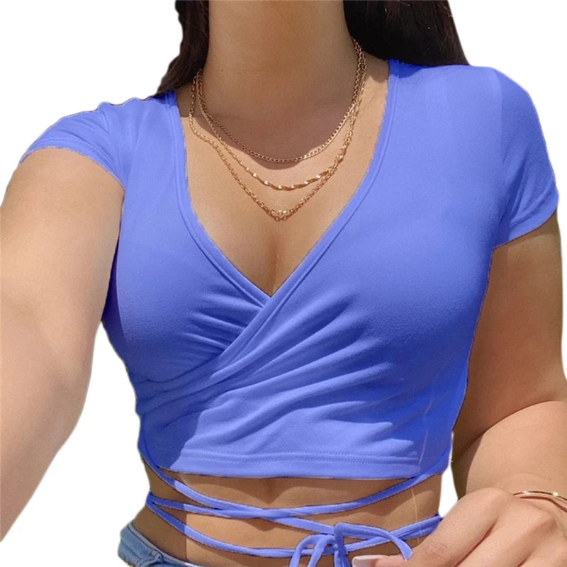 2023 Summer Solid v Neck T Shirts Women Short Sleeve Short Tops Crop Tops