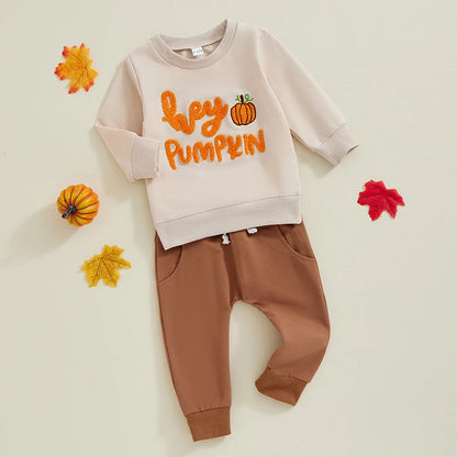 Toddler Baby Boys Halloween Outfits Letter Pumpkin Embroidered Sweatshirts