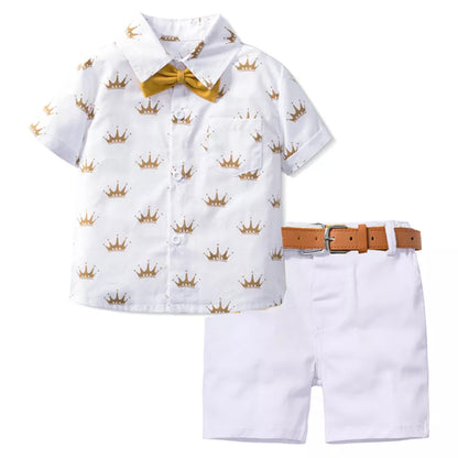 Summer Kids Boys Formal Outfit Suit Crown Printed Shirt With Bow Leather Belt