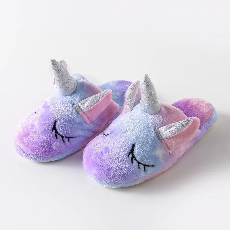 Girls Winter Rainbow Unicorn Slippers Children Cartoon Kigurumi Pajama Shoes