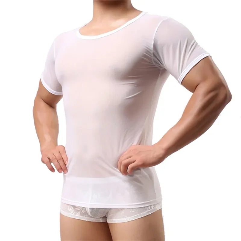 Sexy Men Undershirts Transparent Sheer Short Sleeve T Shirt Sports Fitness