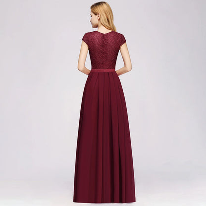 Charming Burgundy Lace Chiffon Long Evening Dress Elegant Short Sleeve Evening