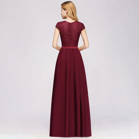 Charming Burgundy Lace Chiffon Long Evening Dress Elegant Short Sleeve Evening