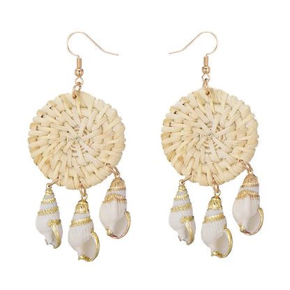 New Beach Sea Natural Shell Charms Bamboo Braid Drop Earrings Bohemian Rattan