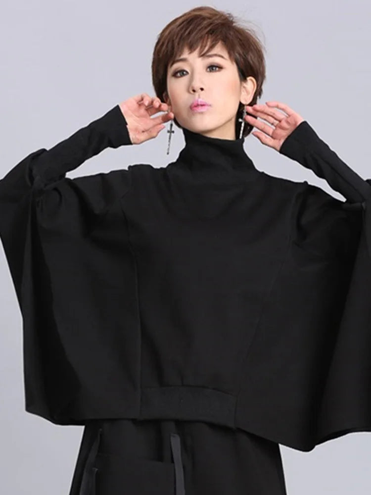 [EAM] Loose Fit Black Asymmetrical Big Size Sweatshirt Turtleneck Long Sleeve