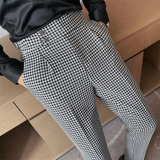 British Casual Men Dress Pant Thousand Bird Grid High Waist Straight Pants