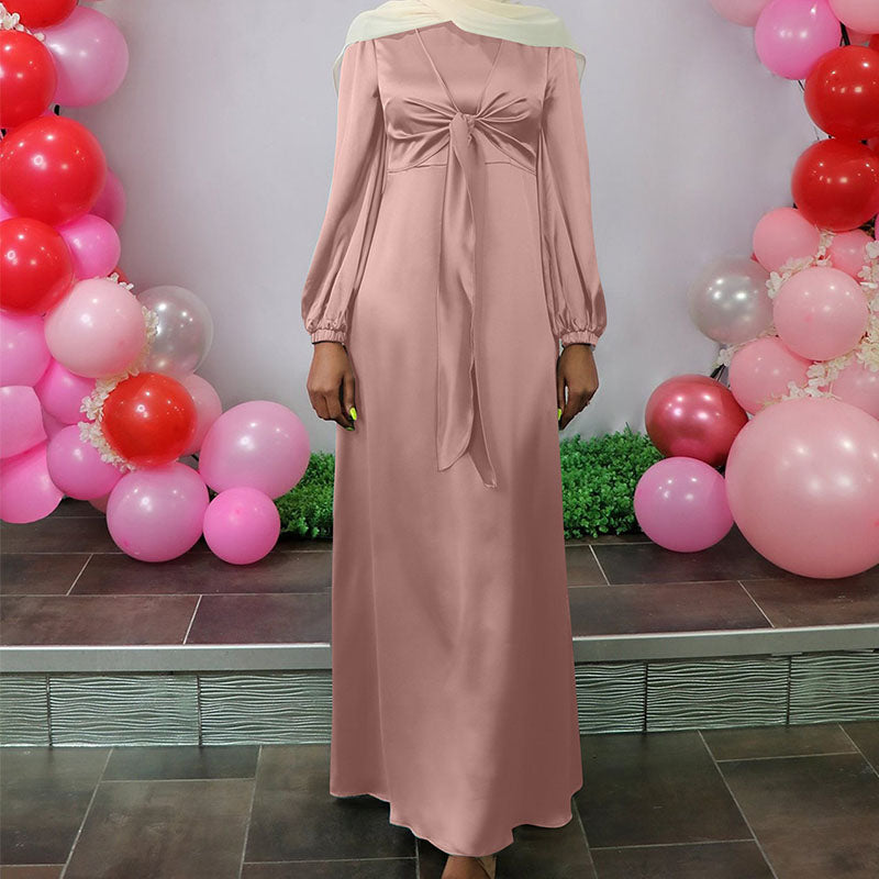 Muslim Women Solid Color Long Sleeve Long Maxi Dress Spring