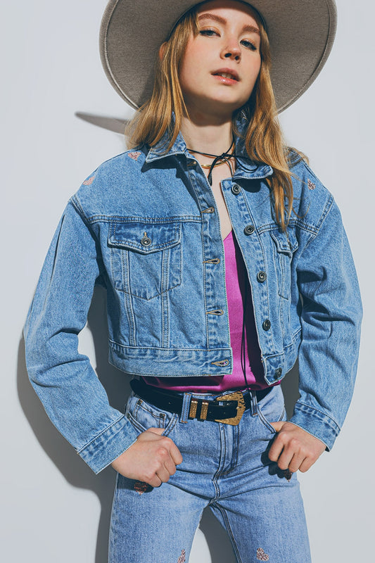 Cropped Denim Jacket With Embellished Hearts in Mid Wash