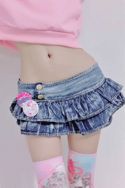 Japanese Girl Pleated Super Mini Denim Skirts Low Waist a Line Bud Skirt