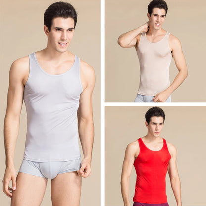 Men Tank Tops 100%Real Silk Solid Tanks for Men O Neck Vest