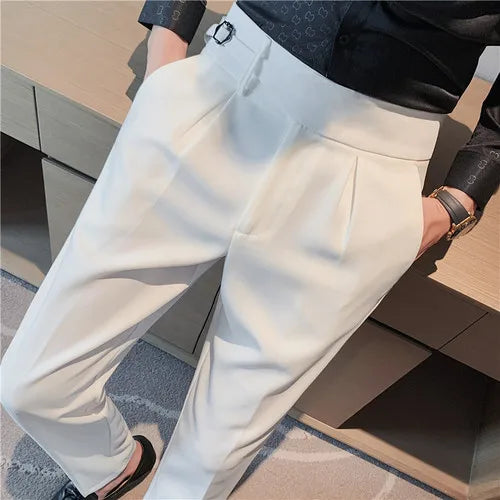 British Style Men Business Casual Dress Pants Men Belt Design Slim Trousers