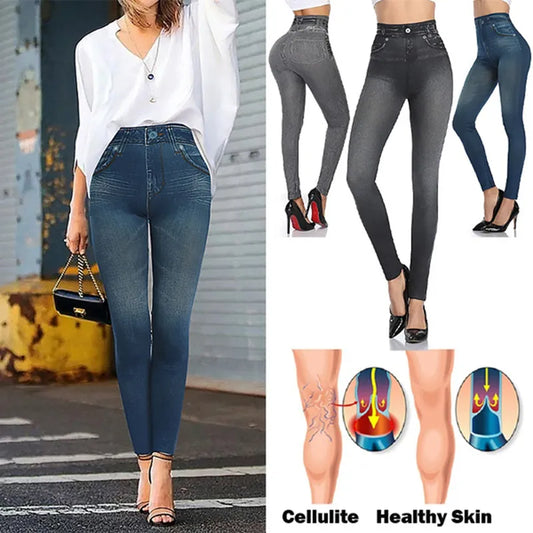 Women Denim Print Leggings Fashion Slimming Push Up Leggings Faux Jeans