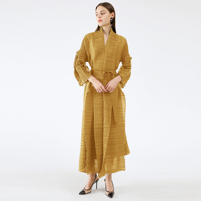 Miyake Pleated Long Petal Sleeve Dress Lapel Cardigan Sashes