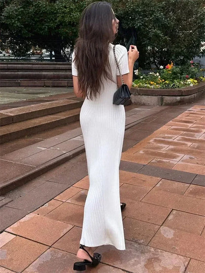 Tossy White Knit Fashion Maxi Dress for Women Short Sleeve Patchwork Elegant