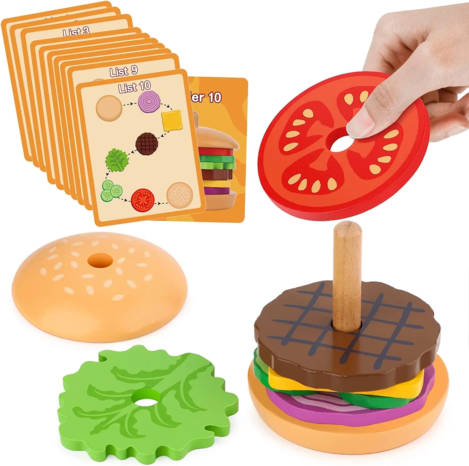 Montessori Wooden Burger Stacking Toys for Toddlers and Kids