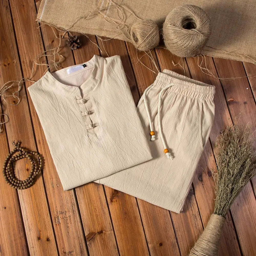 (Shirt + Trousers) 2022 Autumn Men Shirt Man Cotton and Linen Shirts