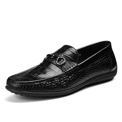 Phenkang Men Leather Summer Alligator Texture Slip-On Casual Shoes Male Loafer