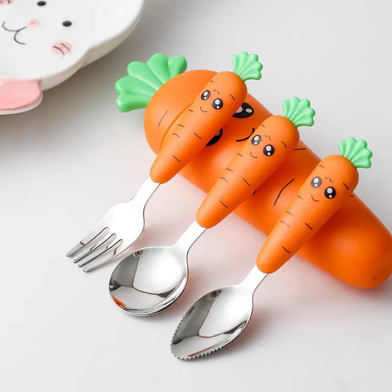 Children Carrots Tableware Set 3PCS Stainless Steel Spoon Fork Flatware