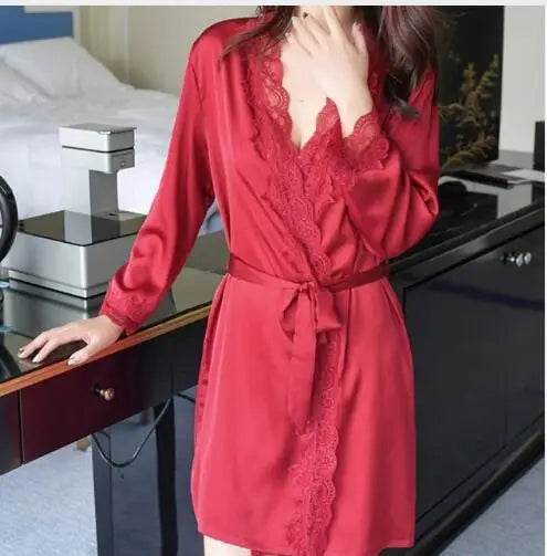 1620 Women's Satin Silk Woman Lace Robe Female Lace Bathrobe Womens Robes