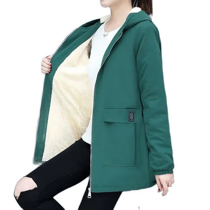 4XL Women Windbreaker Winter Autumn Women's Fleece Jacket Loose Hooded Zipper