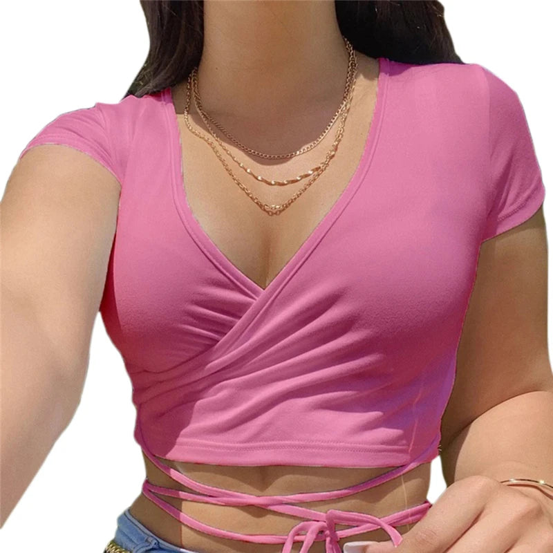 2023 Summer Solid v Neck T Shirts Women Short Sleeve Short Tops Crop Tops