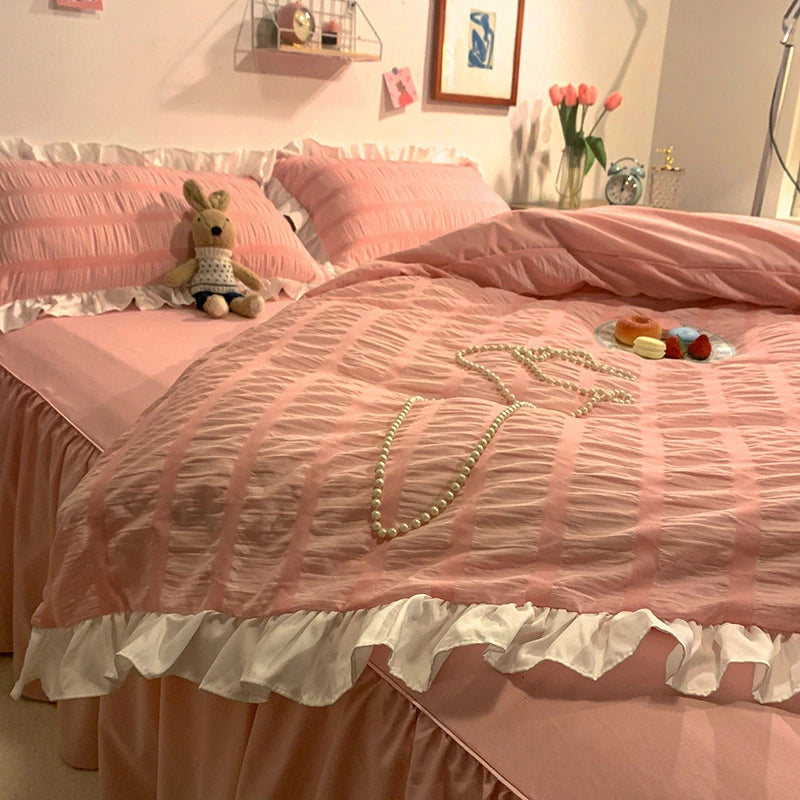 Princess Style Seersucker Ruffles Kawaii Bedding Set