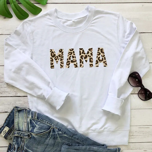 Mama Leopard Print Sweatshirt Fashion Women Crewneck Graphic Sweatshirts