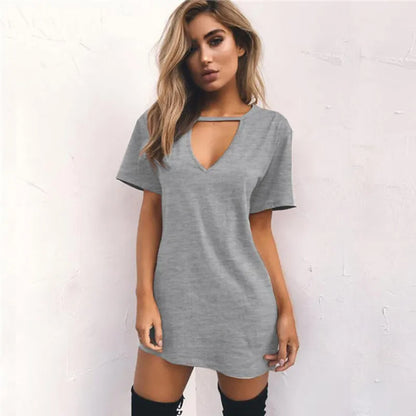 Summer Women Tshirt Mini Dress Choker V-Neck Dresses Short Sleeve