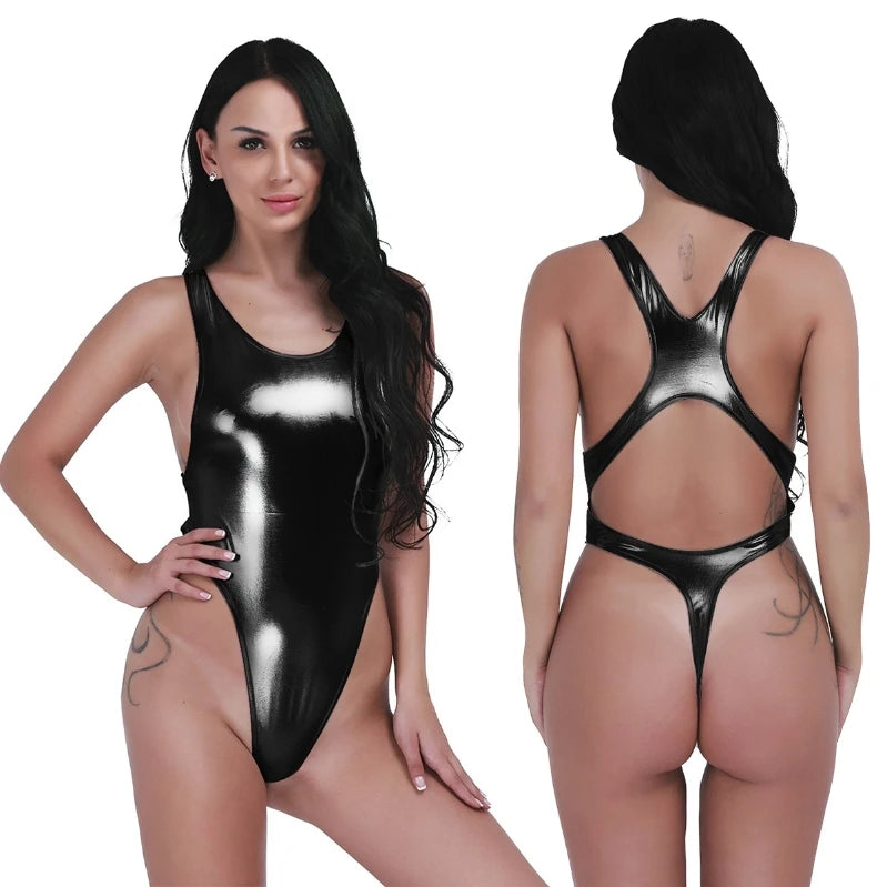 Custom Womens Sexy Leather One-Piece Thongs Leotard Bodysuit String Swimsuit