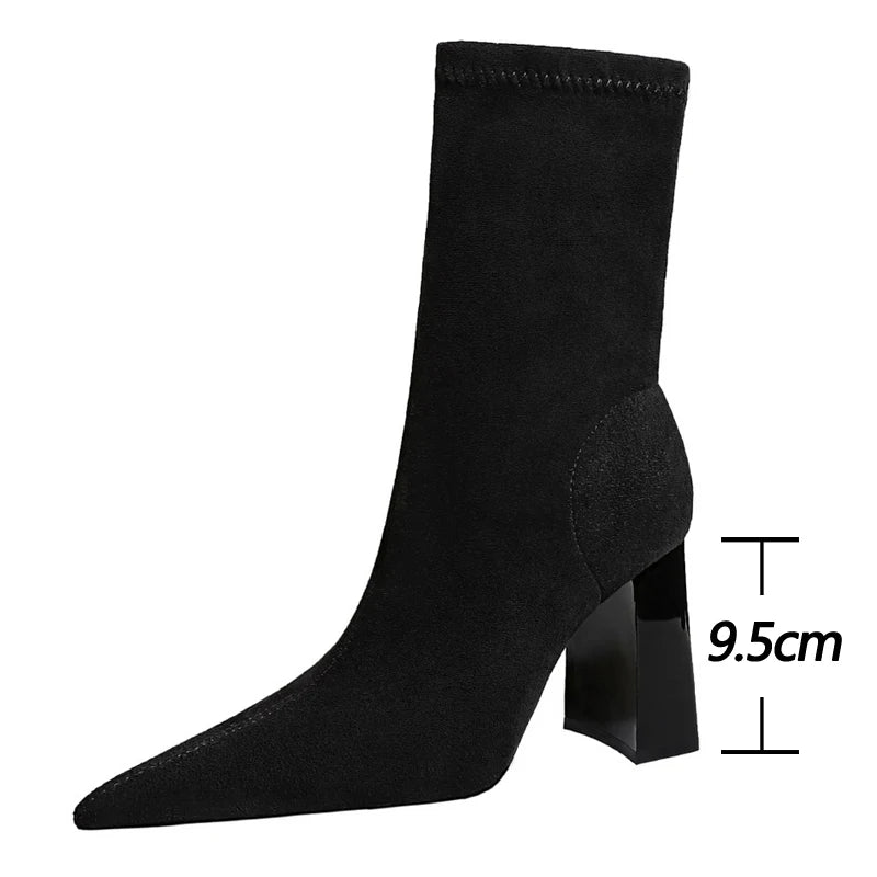 Autumn Winter Boots Women High Heel Boots Suede Thick Heel Ankle Pointed Boots