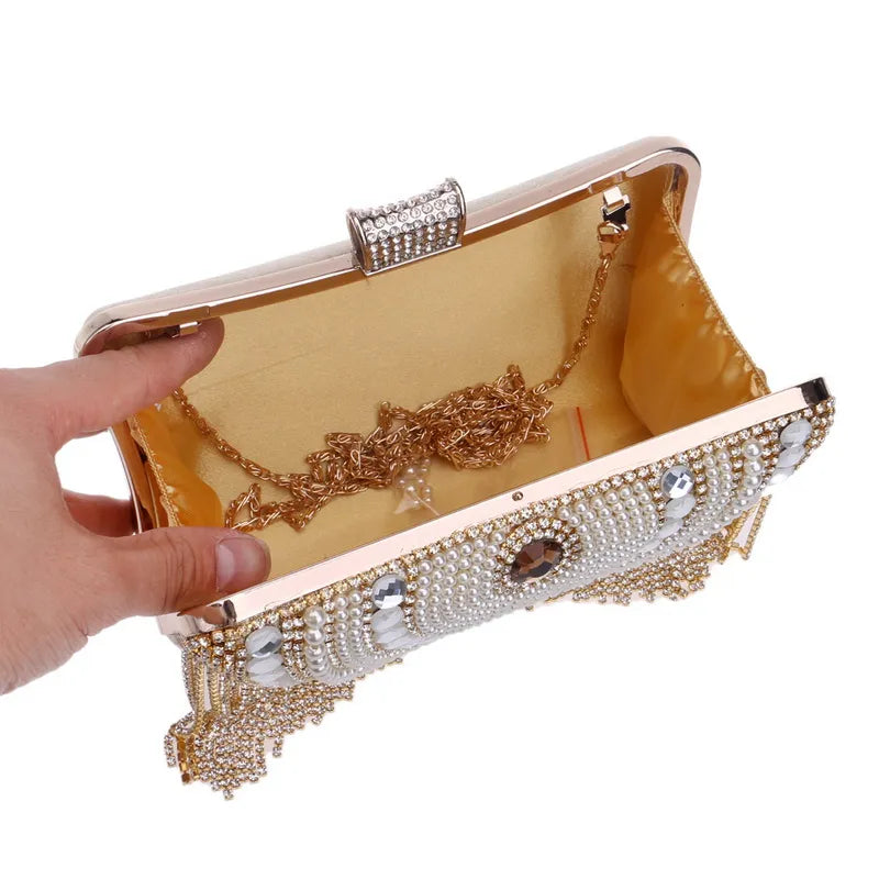 Rhinestones Tassel Clutch Diamonds Beaded Metal Evening Bags Chain Shoulder