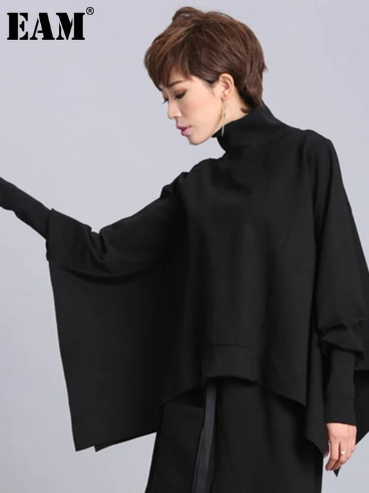 [EAM] Loose Fit Black Asymmetrical Big Size Sweatshirt Turtleneck Long Sleeve