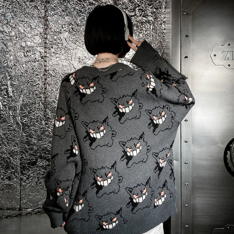 Men Knitted Sweater Hip Hop Streetwear Devil Print Pullover