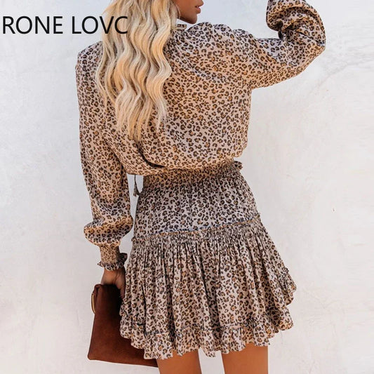 Women V-Neck Cheetah Ruffles Long Sleeve Dress Leopard Print